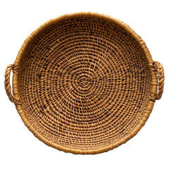 Round woven basket with handles, white isolate background