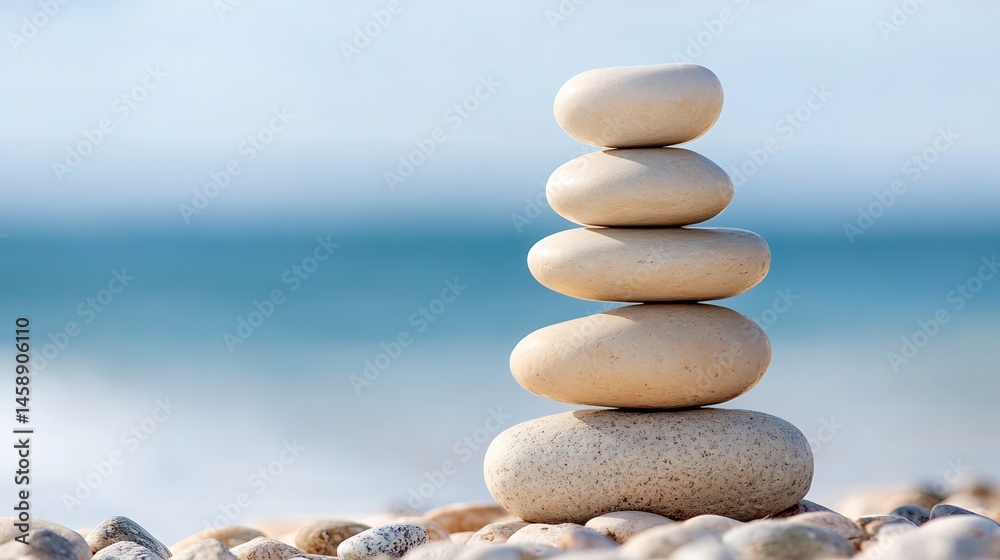 Aufkleber serene stack of five smooth, light beige stones balanced on a beach against a blurred ocean backdrop