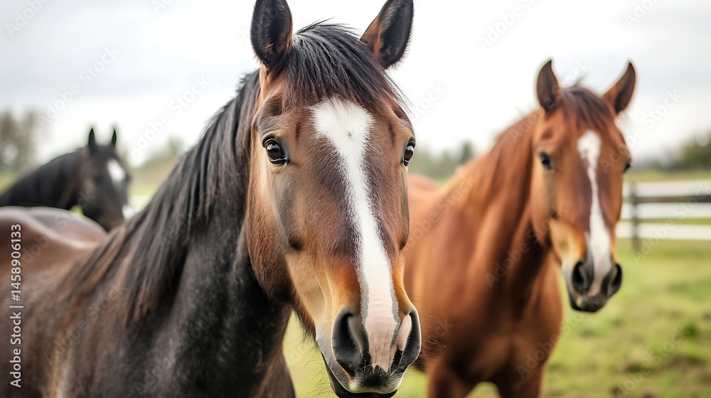 Poster close-up portrait of a bay horse with a white blaze, standing in a pasture with other horses in the 