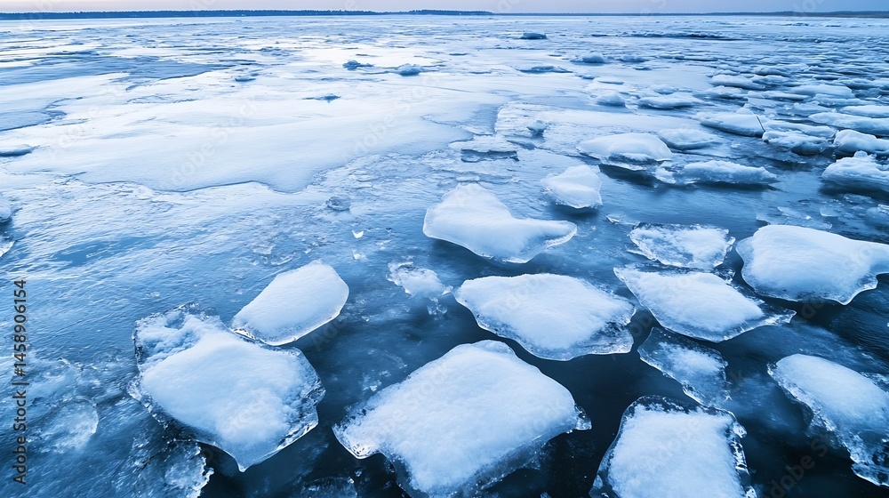 Fototapete stunning aerial view of numerous ice floes floating on a dark blue lake, showcasing the texture and 