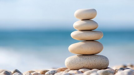 Serene stack of five smooth, light beige stones balanced on a beach against a blurred ocean backdrop, conveying tranquility and balance. : Generative AI