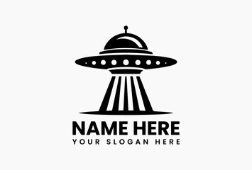 Minimalist line-art black UFO silhouette with domed top and horizontal lights beaming downward in elegant vector logo, symbolizing sleek extraterrestrial mystery and futuristic identity  