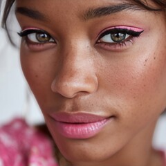 Fototapeta premium A close up of a woman's face with a pink eye makeup look