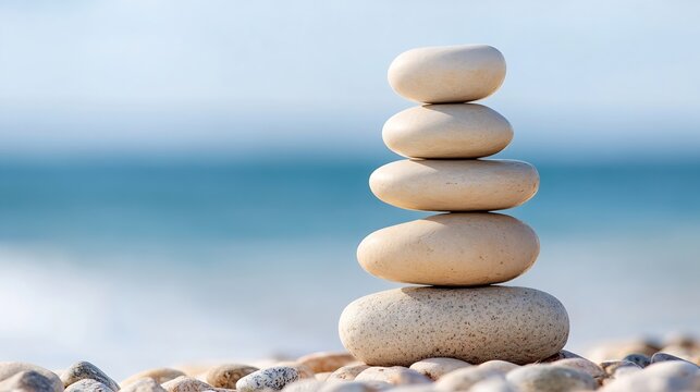 Serene stack of five smooth, light beige stones balanced on a beach against a blurred ocean backdrop, conveying tranquility and balance. : Generative AI