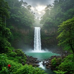 Lush Rainforest Waterfall Cascading into a Teal Pool