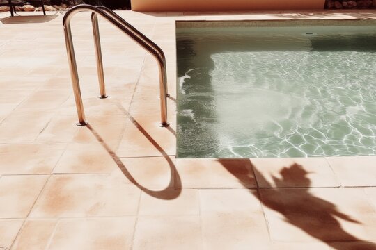 Sunny poolside with shadow of woman creating a relaxing summer vibe