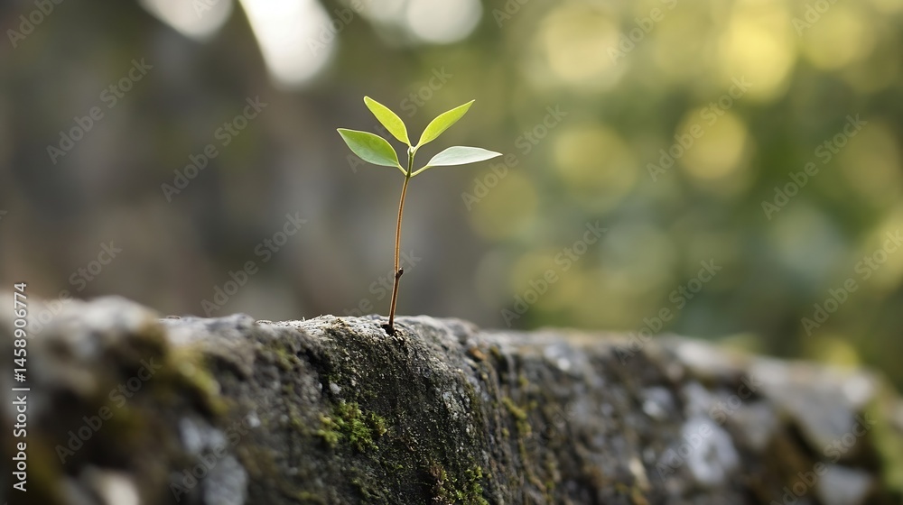 Poster a tiny sprout emerges from a mossy rock, symbolizing resilience and new life against a blurred natur