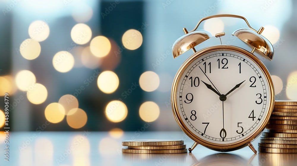 Poster a gold alarm clock and stacks of gold coins sit on a table against a bokeh background of warm, soft 