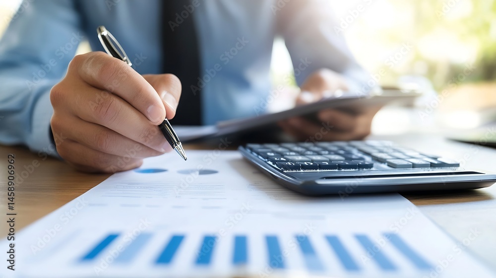 Poster close-up of a businessman's hand holding a pen, reviewing financial documents with charts and graphs