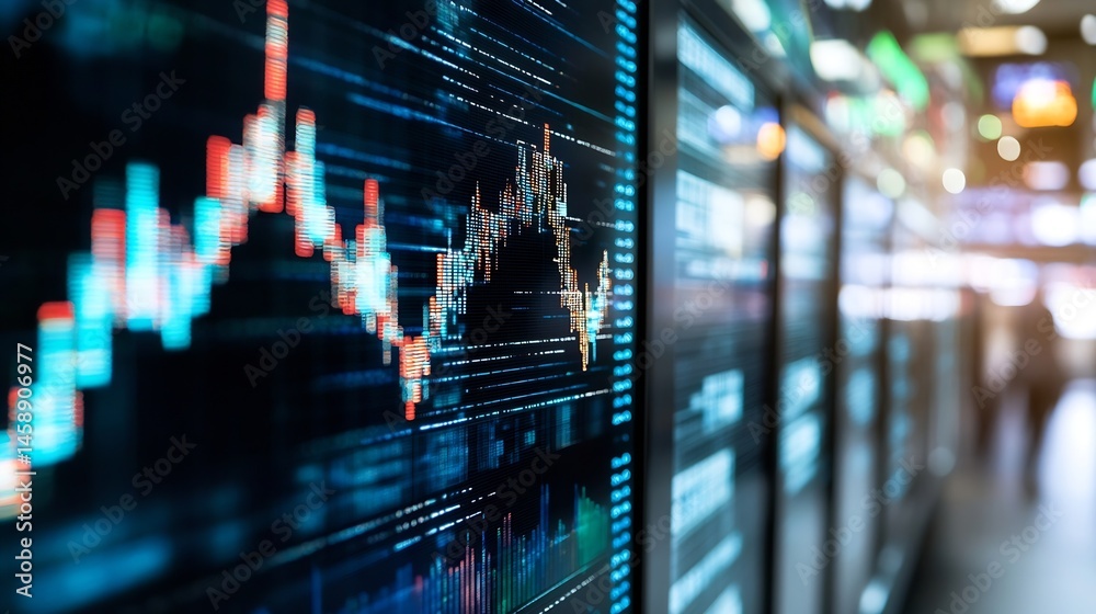 Fototapete Close-up view of a digital screen displaying dynamic stock market data, vibrant colors illuminating the complex financial charts and figures. : Generative AI