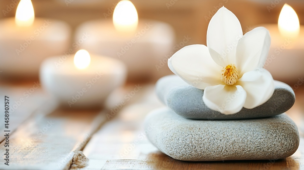 Poster Serene spa setting with a magnolia blossom delicately placed atop stacked gray stones, illuminated by soft candlelight, creating a peaceful and tranquil atmosphere. : Generative AI