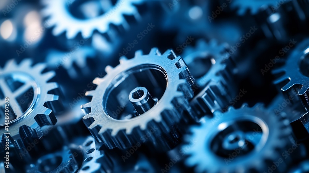 Poster close-up view of intricately detailed metal gears, showcasing their complex interlocking mechanisms 