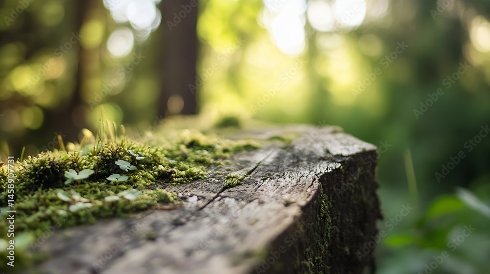 Poster close-up view of moss and small plants growing on an old, weathered tree stump in a sun-dappled fore