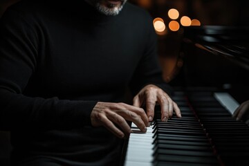 A man plays the piano in a dimly lit room, his hands gently pressing the keys.