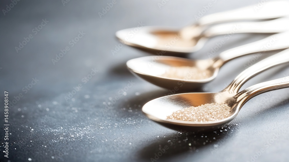 Aufkleber close-up shot of three metallic spoons filled with granulated sugar, resting on a dark gray surface.