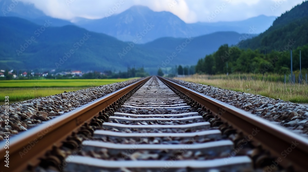 Poster a scenic railway track stretches towards a majestic mountain range under a partly cloudy sky, promis