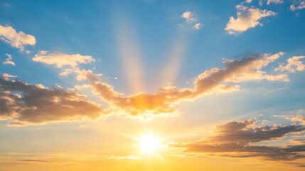 Golden hour sunset with vibrant cloudscape and sun rays piercing through the atmosphere, creating a breathtaking natural scene. : Generative AI