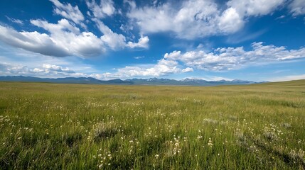 Fototapeta premium Vast grassland meadow stretches to distant mountain range under a vibrant blue sky, dotted with fluffy white clouds. Wildflowers bloom amidst the tall grass, creating a picturesque sum : Generative AI