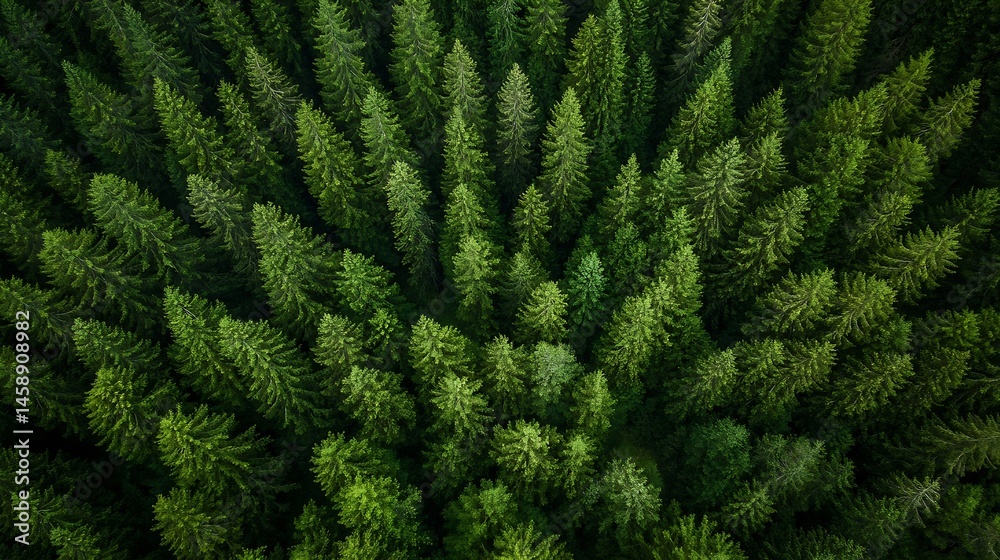 Aufkleber Aerial view of a dense evergreen forest, showcasing a lush canopy of dark green pine trees from directly above. The image offers a rich texture and pattern. : Generative AI