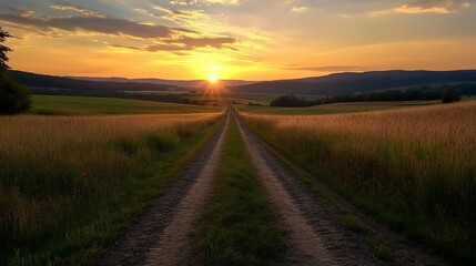 Naklejka premium Serene sunset over rolling hills, a dirt road leads towards the golden sun, casting long shadows across the grassy fields and tall grass. : Generative AI
