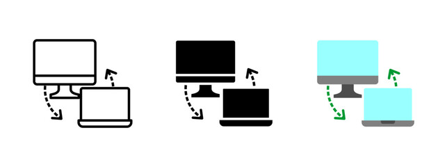 Data transfer icon. Desktop monitor and laptop with arrows vector illustration. File sharing and synchronization symbol. Digital communication between devices sign. Technology connection pictogram.