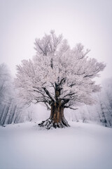 Fototapeta premium Majestic ancient tree covered in snow, standing alone in a winter forest, serene and peaceful atmosphere, cold winter landscape.