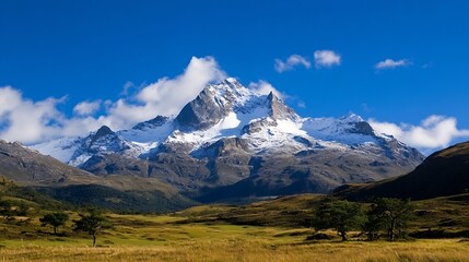 Majestic snow-capped mountain peak dominates a vast, serene valley landscape under a brilliant blue sky, with sparse vegetation and rolling hills in the foreground. : Generative AI