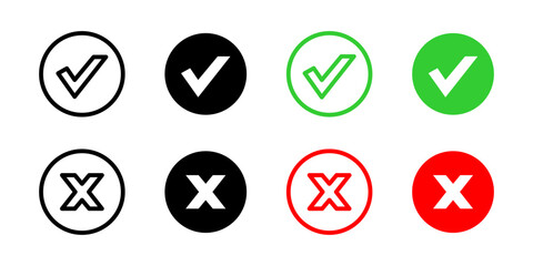 Check and cross icon. Green checkmarks and red crosses vector illustration. Symbols of approval and rejection for UI elements symbol. Validation and error indication sign. Interface status pictogram.