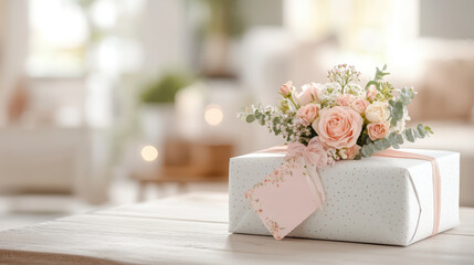 A white box with pink flowers on top of it