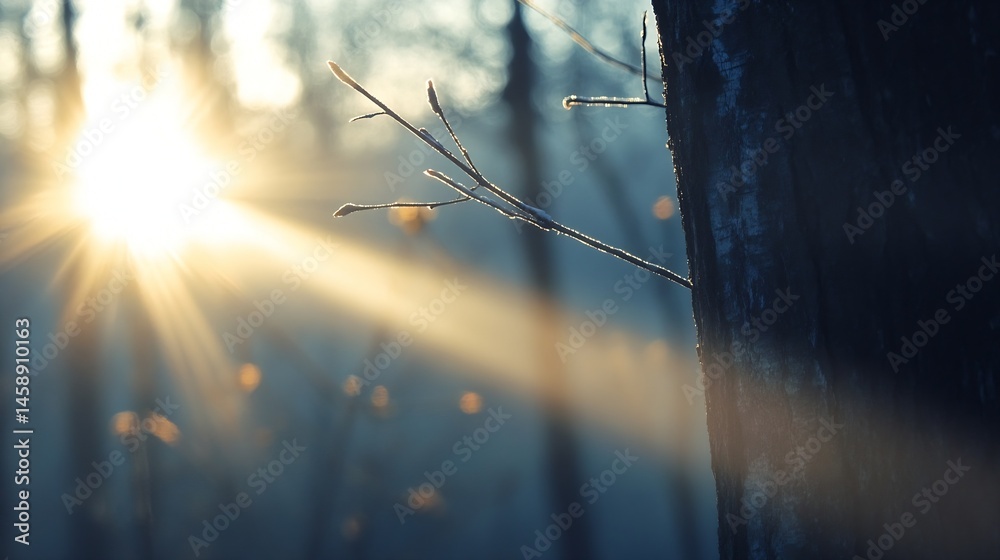 Poster sunbeams illuminate a frosty winter branch, delicate details of ice crystals on twigs against a blur