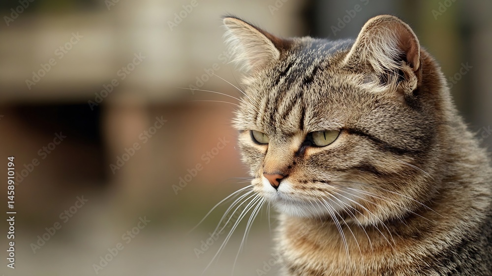 Poster close-up portrait of a tabby cat, its gaze directed to the side, showcasing its intricate fur patter