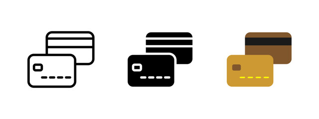 Credit card icon. Two overlapping bank cards with chip and magnetic stripe vector illustration. Digital payment and financial transaction symbol. Electronic money sign. Secure banking pictogram.