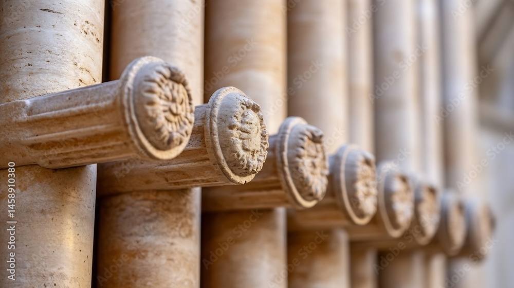 Aufkleber Close-up view of ornate stone column capitals, exhibiting intricate carvings and a beige, textured surface.  The columns are arranged in a parallel row, creating a repeating pattern of : Generative AI