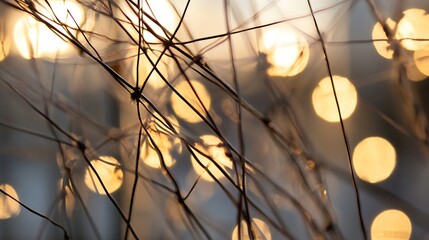 Abstract image of delicate, dried plant stems backlit by warm, golden bokeh lights, creating a dreamy, ethereal atmosphere.  The intricate network of branches and blurred lights evokes : Generative AI