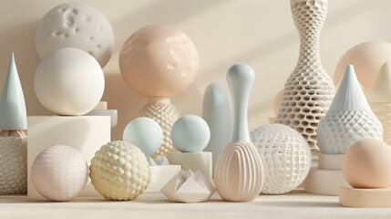 Arrangement of abstract geometric forms in neutral tones evoking calm design