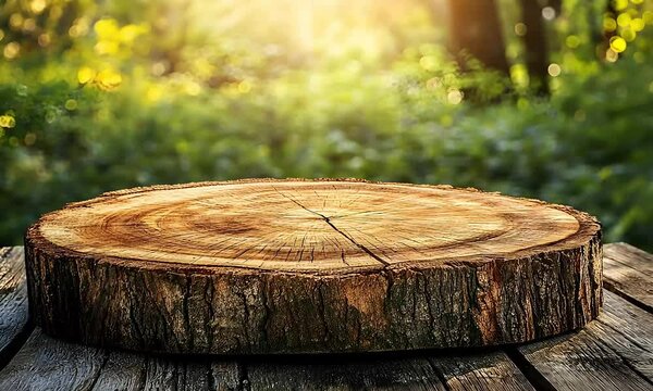 Rustic Wood Slice Display Against Forest Backdrop for Product Presentation
