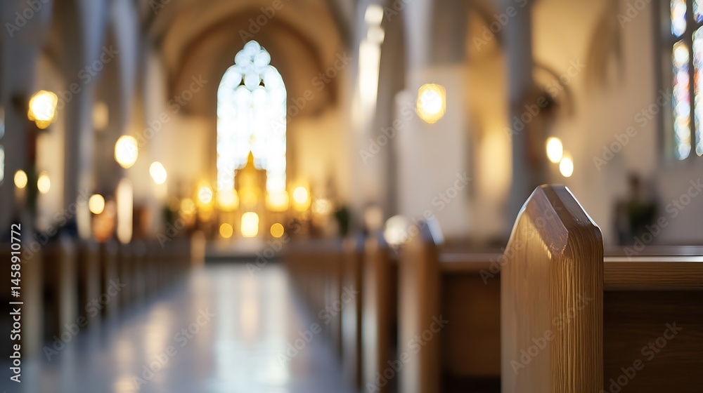 Poster blurred view of church interior, focusing on wooden pews in the foreground, with a softly lit altar 