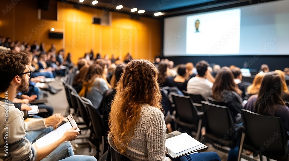 Poster Attentive audience listening to a presentation in a modern lecture hall, focused on the speaker on a large screen, showcasing diverse students actively participating in the educational : Generative AI