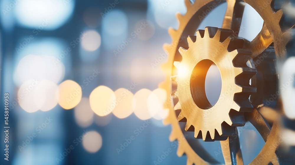 Fototapete Close-up of interlocking golden and black gears, illuminated by a warm light source, set against a blurred blue and bokeh background, suggesting concepts of teamwork, precision, and in : Generative AI