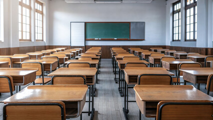 A classroom with empty desks and a blackboard