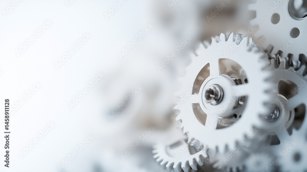 Leinwandbilder close-up of intricate white gears intermeshing, showcasing precision engineering and mechanical comp