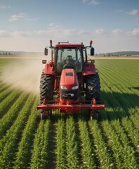 Obraz premium Red tractor spraying pesticide on a sunny soybean field, summer, nozzles