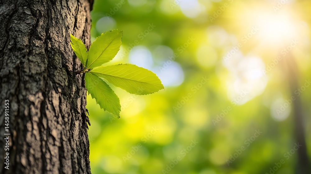 Aufkleber a vibrant green sprout emerges from a tree trunk, bathed in sunlight against a bokeh background of l