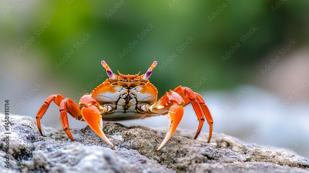 Poster close-up view of a vibrant orange crab with white markings, perched on a grey rock against a blurred