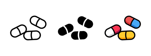 Pill icon. Three capsules shown in styles vector illustration. Medication or dietary supplements symbol. Pharmaceutical and healthcare sign. Medicine pictogram.