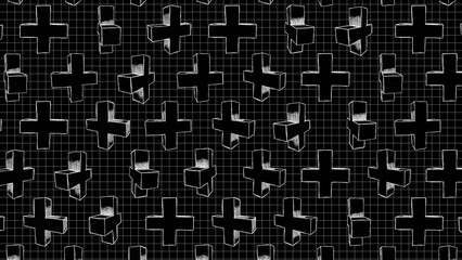 A looping background pattern of hand drawn sketch style objects in a white outline style on a black background.