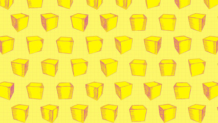 A looping background pattern of hand drawn sketch style objects on a yellow background.