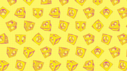 A looping background pattern of hand drawn sketch style objects on a yellow background.