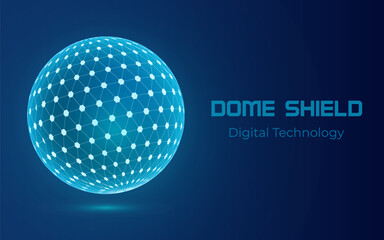 Protective dome shield sphere with hexagon, 3d ball on blue background artificial intelligence AI technology, Protection against viruses and cyber attacks, Vector illustration. © Olena