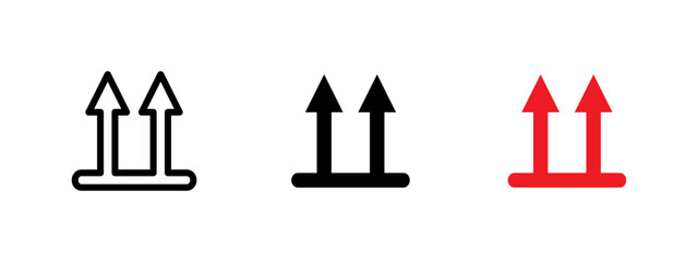 Fototapeta premium Up arrows icon. Two bold arrows pointing upward from a base line vector illustration. Symbol for proper orientation of cargo symbol. Used in packaging and logistics sign. Directional pictogram.